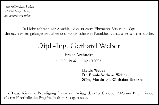 Traueranzeige von Gerhard Weber von Stuttgarter Zeitung / Stuttgarter Nachrichten