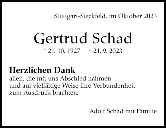 Traueranzeige von Gertrud Schad von Stuttgarter Zeitung / Stuttgarter Nachrichten