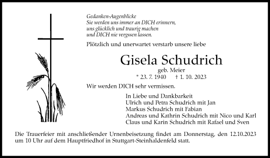 Traueranzeige von Gisela Schudrich von Stuttgarter Zeitung / Stuttgarter Nachrichten