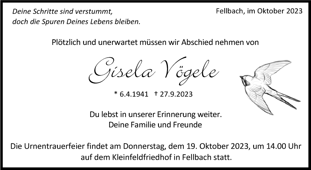  Traueranzeige für Gisela Vögele vom 13.10.2023 aus Stuttgarter Zeitung / Stuttgarter Nachrichten