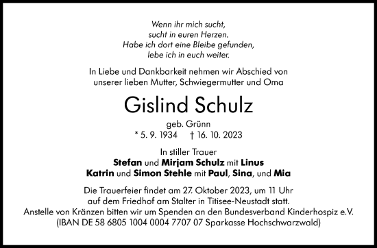 Traueranzeige von Gislind Schulz von Stuttgarter Zeitung / Stuttgarter Nachrichten