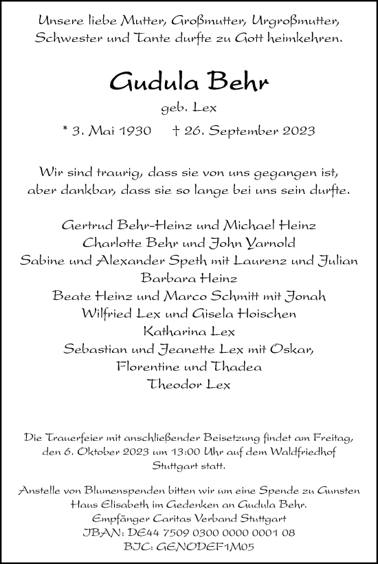 Traueranzeige von Gudula Behr von Stuttgarter Zeitung / Stuttgarter Nachrichten