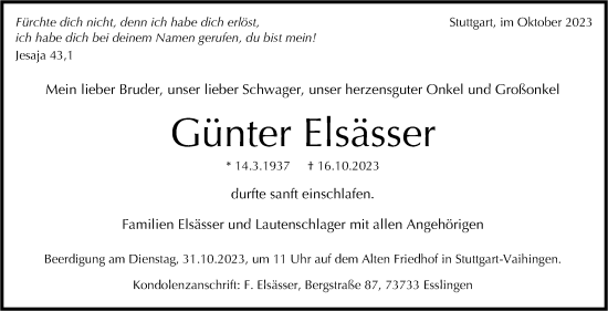 Traueranzeige von Günter Elsässer von Stuttgarter Zeitung / Stuttgarter Nachrichten