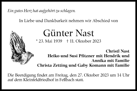 Traueranzeige von Günter Nast von Stuttgarter Zeitung / Stuttgarter Nachrichten