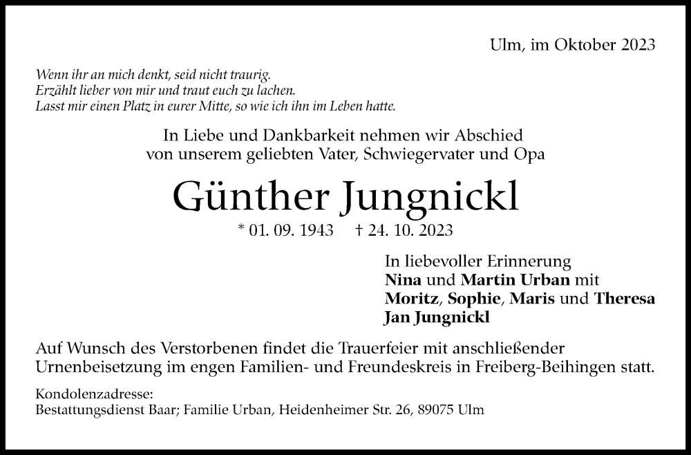  Traueranzeige für Günther Jungnickl vom 31.10.2023 aus Stuttgarter Zeitung / Stuttgarter Nachrichten