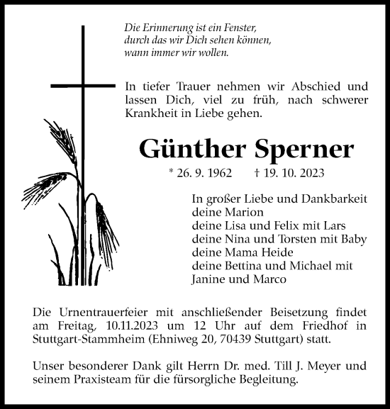 Traueranzeige von Günther Sperner von Stuttgarter Zeitung / Stuttgarter Nachrichten