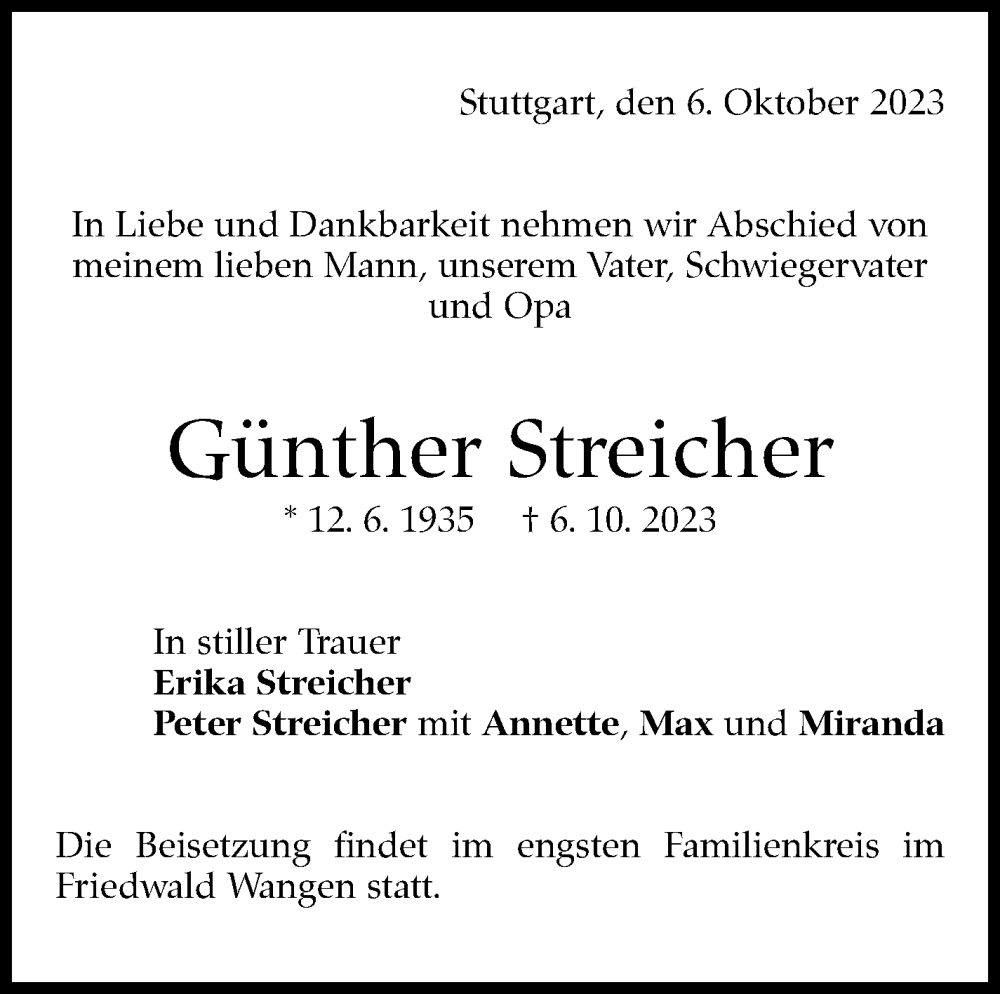  Traueranzeige für Günther Streicher vom 14.10.2023 aus Stuttgarter Zeitung / Stuttgarter Nachrichten