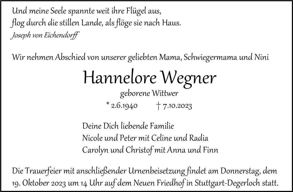  Traueranzeige für Hannelore Wegner vom 14.10.2023 aus Stuttgarter Zeitung / Stuttgarter Nachrichten