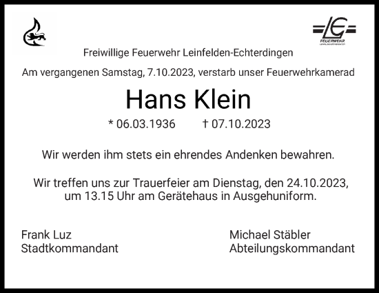 Traueranzeige von Hans Klein von Stuttgarter Zeitung / Stuttgarter Nachrichten