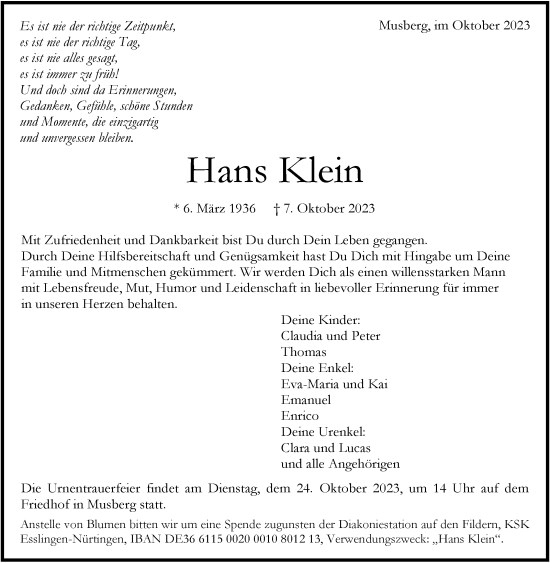 Traueranzeige von Hans Klein von Stuttgarter Zeitung / Stuttgarter Nachrichten