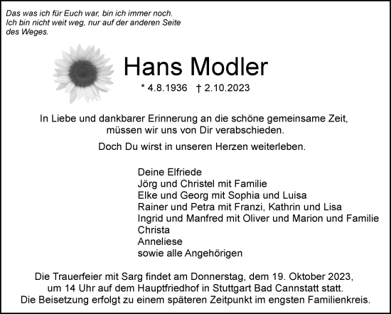 Traueranzeige von Hans Modler von Stuttgarter Zeitung / Stuttgarter Nachrichten