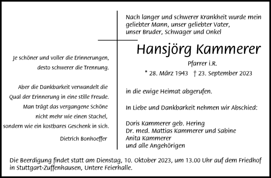 Traueranzeige von Hansjörg Kammerer von Stuttgarter Zeitung / Stuttgarter Nachrichten