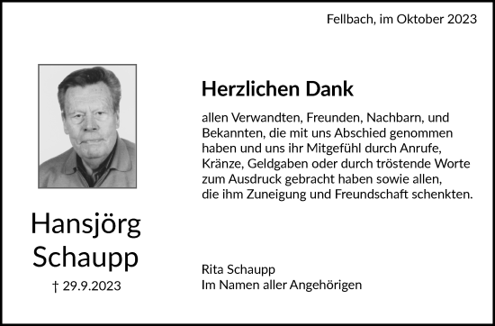 Traueranzeige von Hansjörg Schaupp von Stuttgarter Zeitung / Stuttgarter Nachrichten