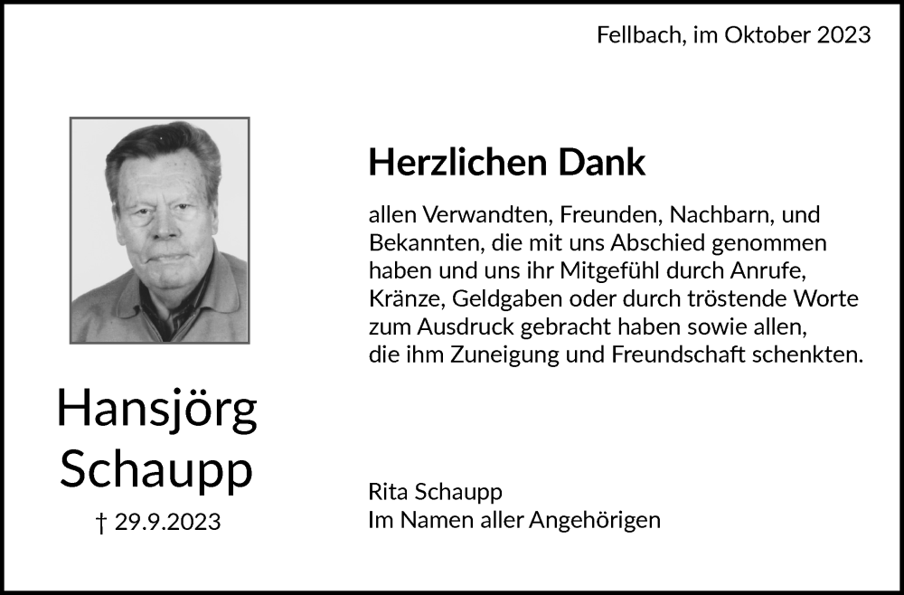  Traueranzeige für Hansjörg Schaupp vom 27.10.2023 aus Stuttgarter Zeitung / Stuttgarter Nachrichten