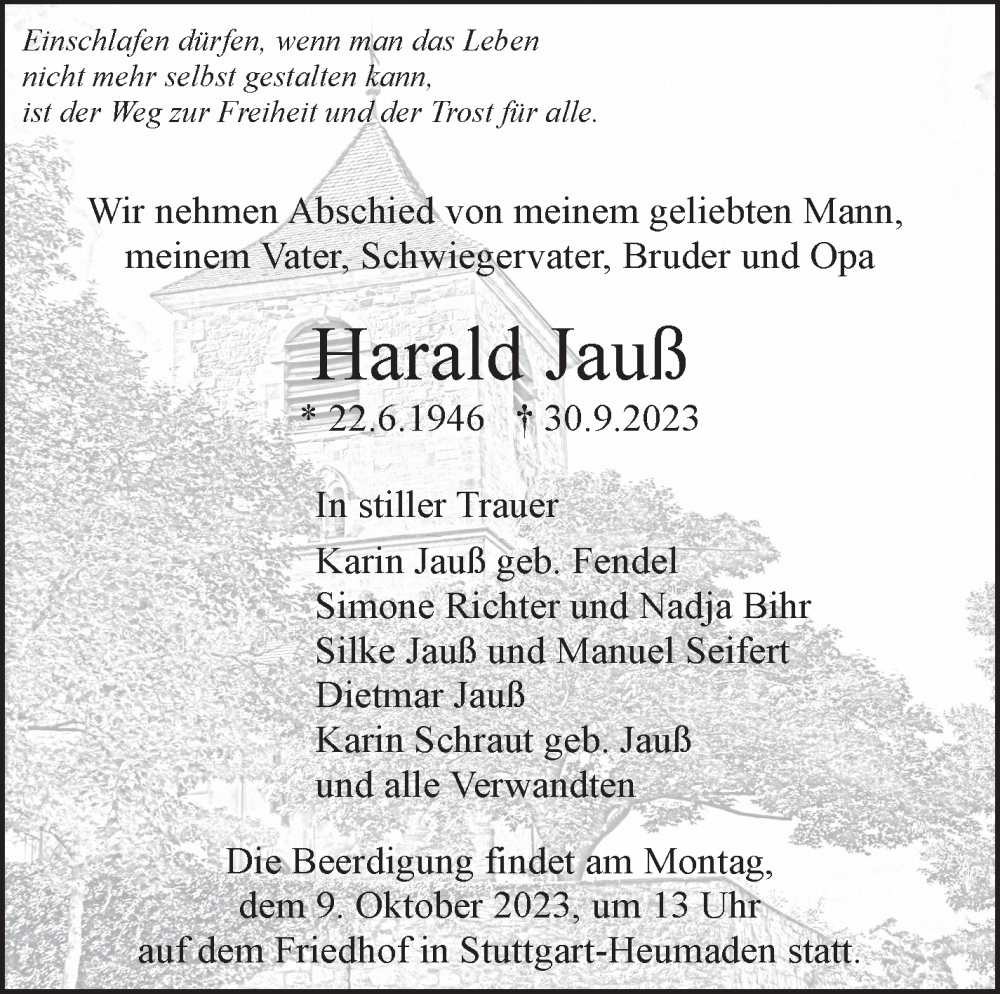  Traueranzeige für Harald Jauß vom 05.10.2023 aus Stuttgarter Zeitung / Stuttgarter Nachrichten