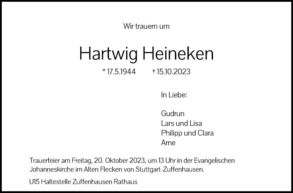  Traueranzeige für Hartwig Heineken vom 18.10.2023 aus Stuttgarter Zeitung / Stuttgarter Nachrichten