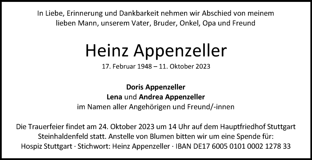  Traueranzeige für Heinz Appenzeller vom 21.10.2023 aus Stuttgarter Zeitung / Stuttgarter Nachrichten