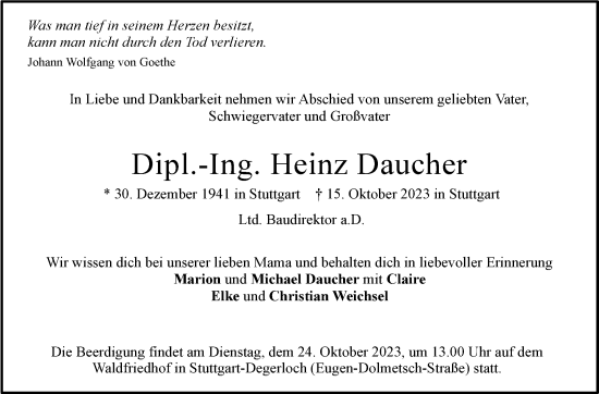Traueranzeige von Heinz Daucher von Stuttgarter Zeitung / Stuttgarter Nachrichten