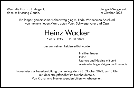 Traueranzeige von Heinz Wacker von Stuttgarter Zeitung / Stuttgarter Nachrichten