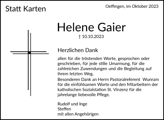 Traueranzeige von Helene Gaier von Stuttgarter Zeitung / Stuttgarter Nachrichten