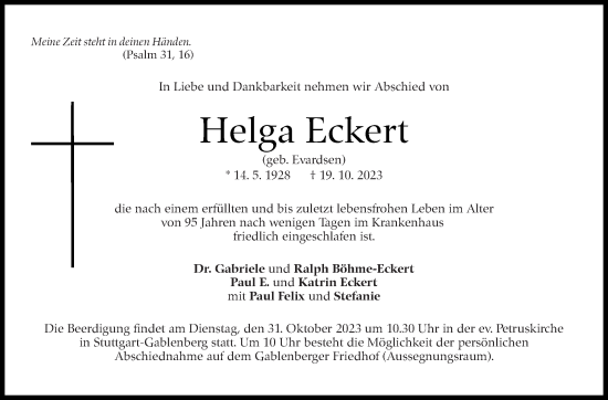 Traueranzeige von Helga Eckert von Stuttgarter Zeitung / Stuttgarter Nachrichten