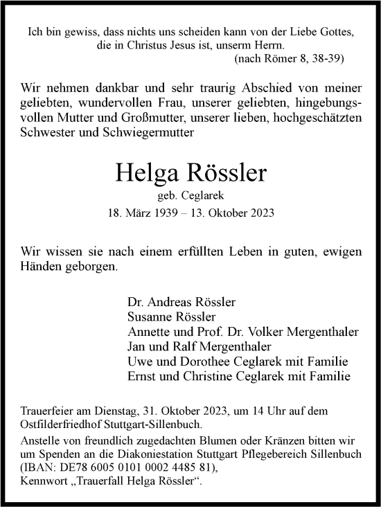 Traueranzeige von Helga Rössler von Stuttgarter Zeitung / Stuttgarter Nachrichten