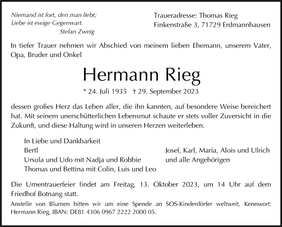 Traueranzeige von Hermann Rieg von Stuttgarter Zeitung / Stuttgarter Nachrichten