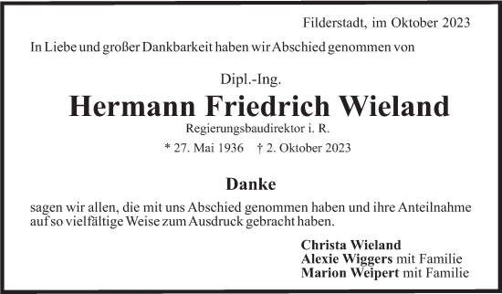 Traueranzeige von Hermann Friedrich Wieland von Stuttgarter Zeitung / Stuttgarter Nachrichten