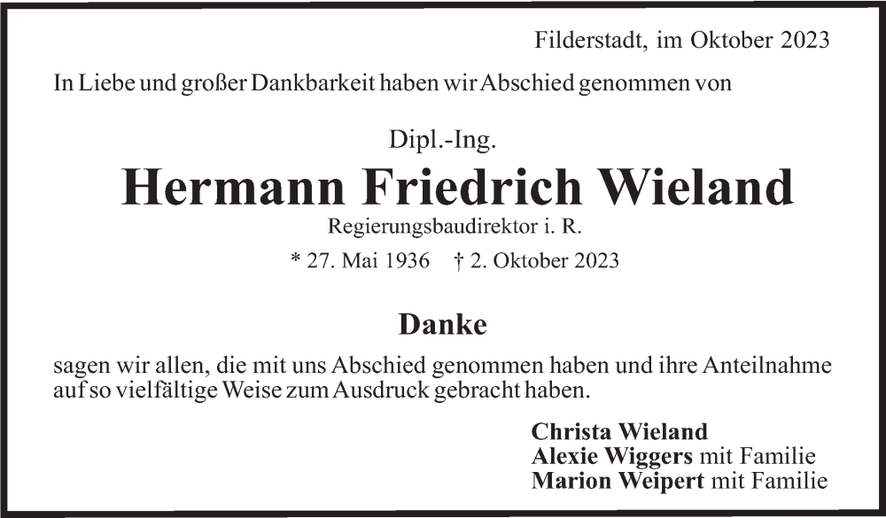  Traueranzeige für Hermann Friedrich Wieland vom 21.10.2023 aus Stuttgarter Zeitung / Stuttgarter Nachrichten