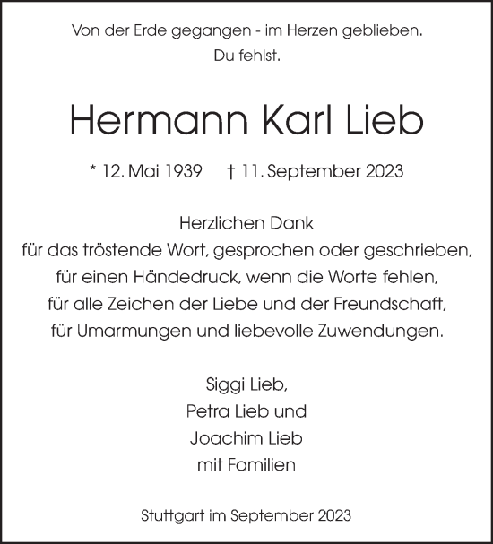 Traueranzeige von Hermann Karl Lieb von Stuttgarter Zeitung / Stuttgarter Nachrichten