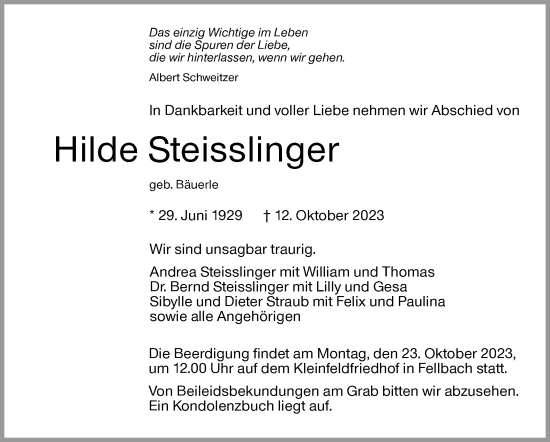 Traueranzeige von Hilde Steisslinger von Stuttgarter Zeitung / Stuttgarter Nachrichten