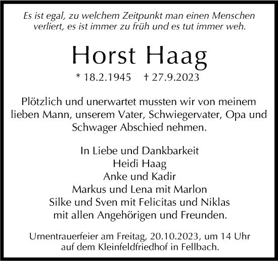 Traueranzeige von Horst Haag von Stuttgarter Zeitung / Stuttgarter Nachrichten