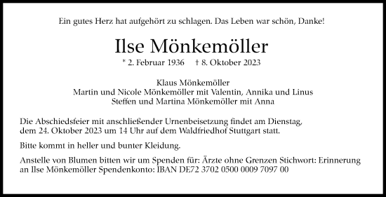 Traueranzeige von Ilse Mönkemöller von Stuttgarter Zeitung / Stuttgarter Nachrichten