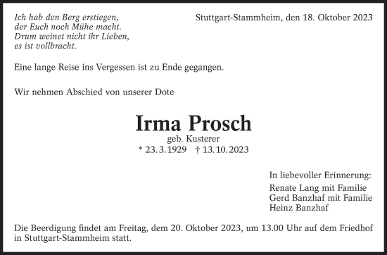 Traueranzeige von Irma Prosch von Stuttgarter Zeitung / Stuttgarter Nachrichten
