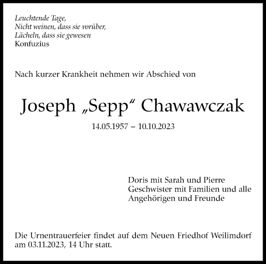 Traueranzeige von Joseph Chawawczak von Stuttgarter Zeitung / Stuttgarter Nachrichten