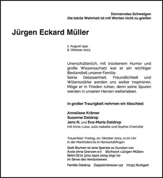 Traueranzeige von Jürgen Eckard Müller von Stuttgarter Zeitung / Stuttgarter Nachrichten