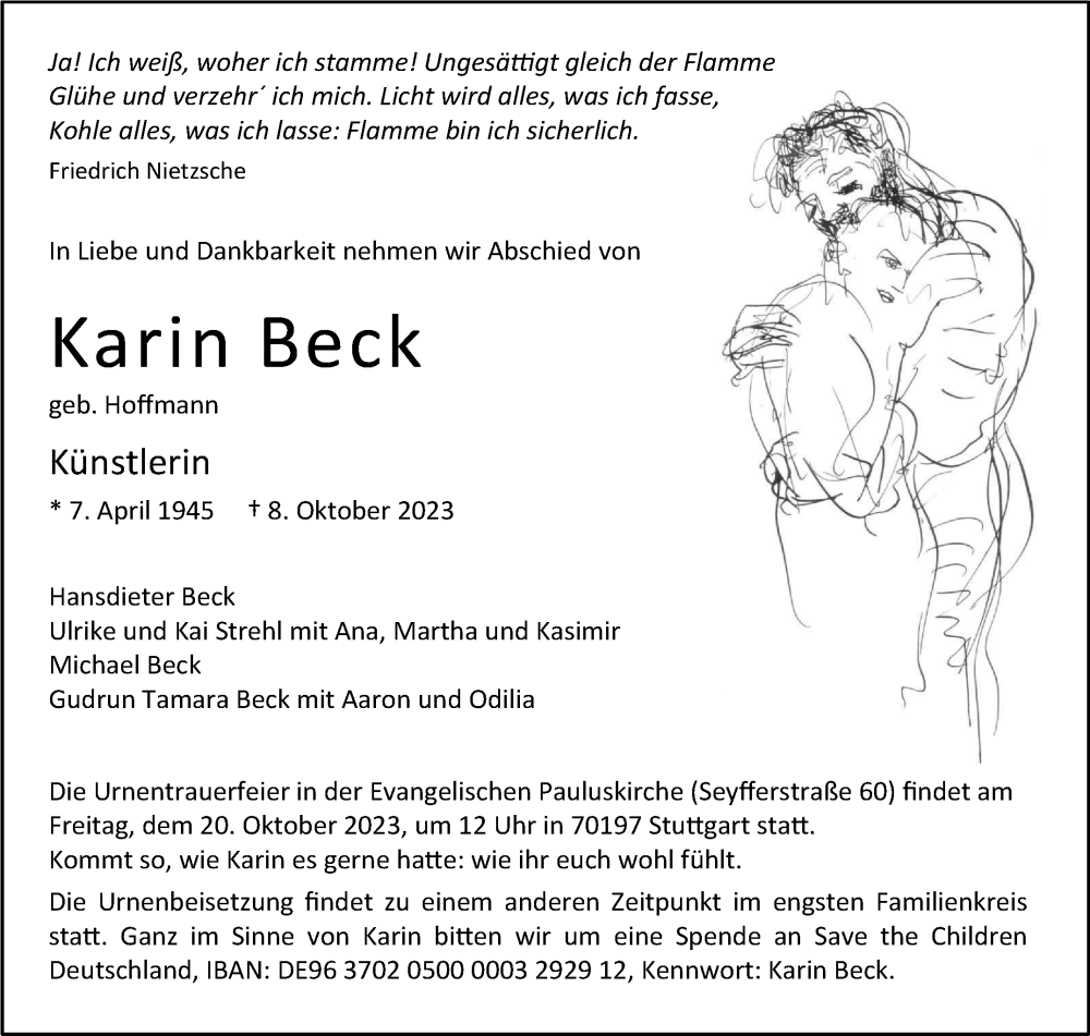  Traueranzeige für Karin Beck vom 14.10.2023 aus Stuttgarter Zeitung / Stuttgarter Nachrichten