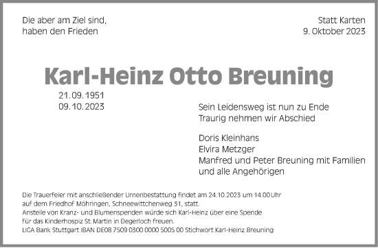 Traueranzeige von Karl-Heinz Otto Breuning von Stuttgarter Zeitung / Stuttgarter Nachrichten