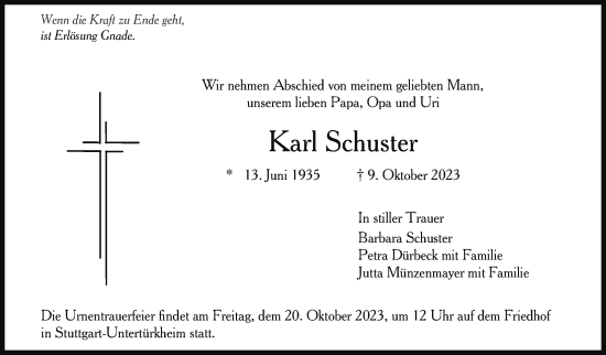 Traueranzeige von Karl Schuster von Stuttgarter Zeitung / Stuttgarter Nachrichten