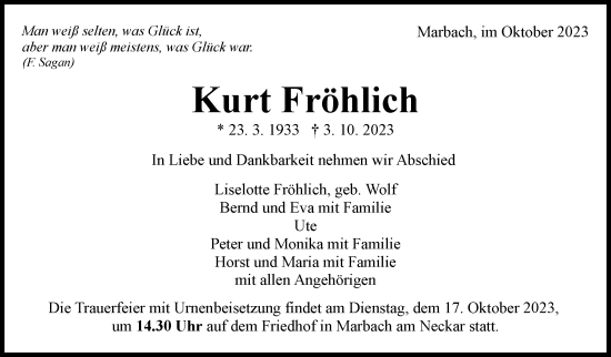 Traueranzeige von Kurt Fröhlich von Stuttgarter Zeitung / Stuttgarter Nachrichten