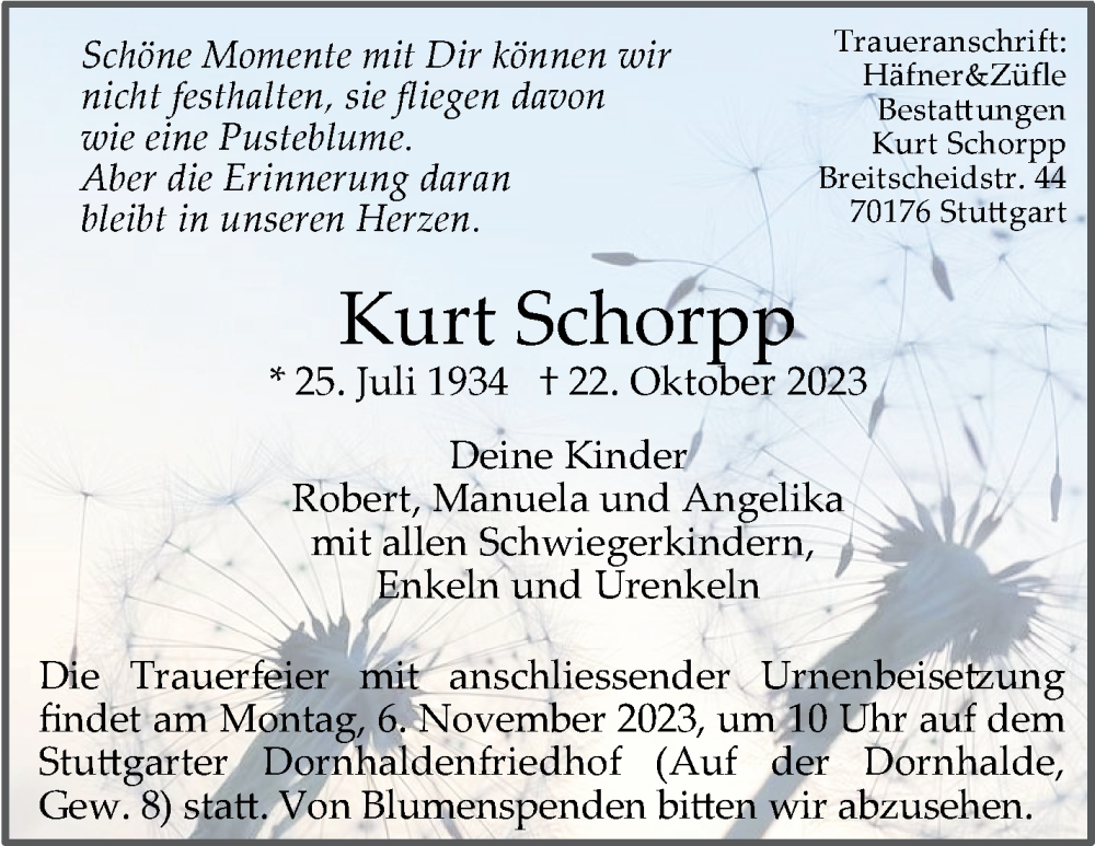  Traueranzeige für Kurt Schorpp vom 27.10.2023 aus Stuttgarter Zeitung / Stuttgarter Nachrichten