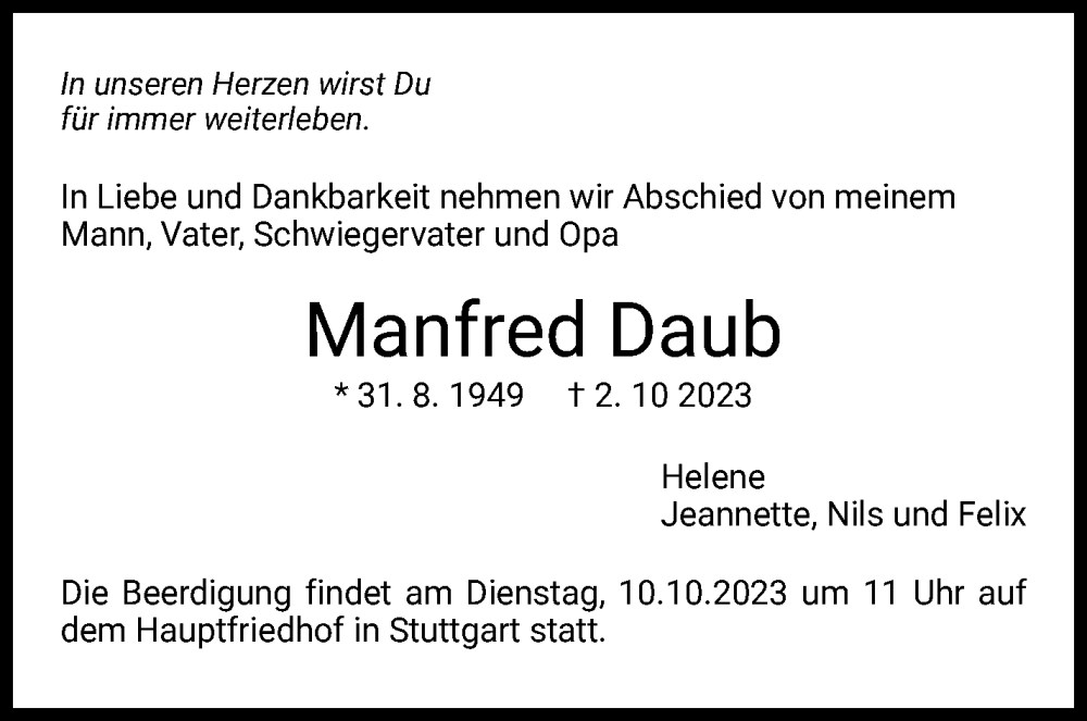  Traueranzeige für Manfred Daub vom 06.10.2023 aus Stuttgarter Zeitung / Stuttgarter Nachrichten