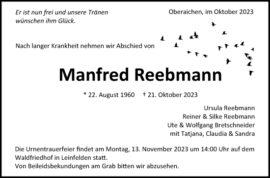 Traueranzeige von Manfred Reebmann von Stuttgarter Zeitung / Stuttgarter Nachrichten