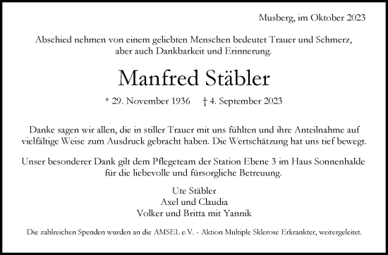 Traueranzeige von Manfred Stäbler von Stuttgarter Zeitung / Stuttgarter Nachrichten