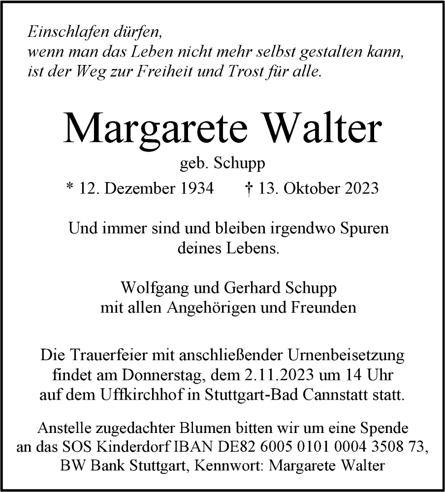  Traueranzeige für Margarete Walter vom 28.10.2023 aus Stuttgarter Zeitung / Stuttgarter Nachrichten