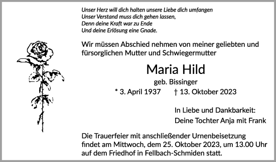 Traueranzeige von Maria Hild von Stuttgarter Zeitung / Stuttgarter Nachrichten