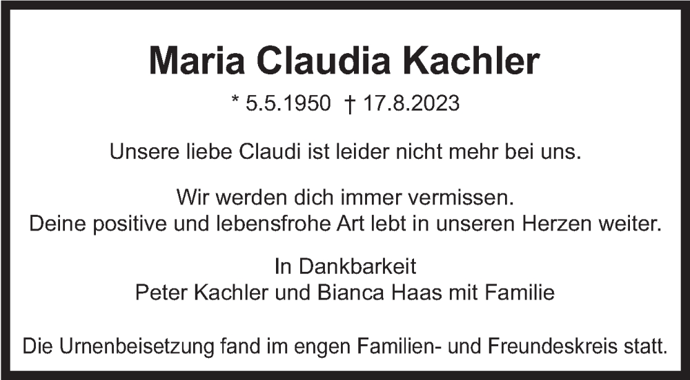  Traueranzeige für Maria Claudia Kachler vom 14.10.2023 aus Stuttgarter Zeitung / Stuttgarter Nachrichten
