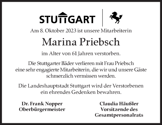 Traueranzeige von Marina Priebsch von Stuttgarter Zeitung / Stuttgarter Nachrichten