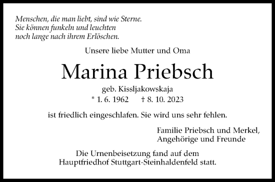 Traueranzeige von Marina Priebsch von Stuttgarter Zeitung / Stuttgarter Nachrichten