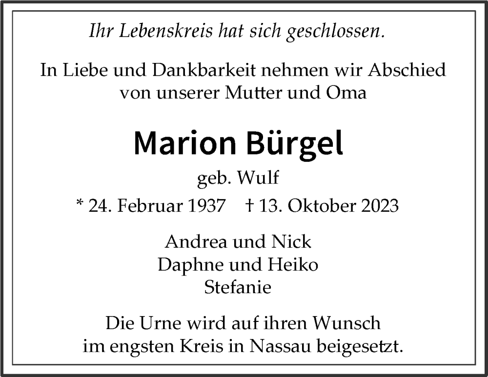  Traueranzeige für Marion Bürgel vom 25.10.2023 aus Stuttgarter Zeitung / Stuttgarter Nachrichten